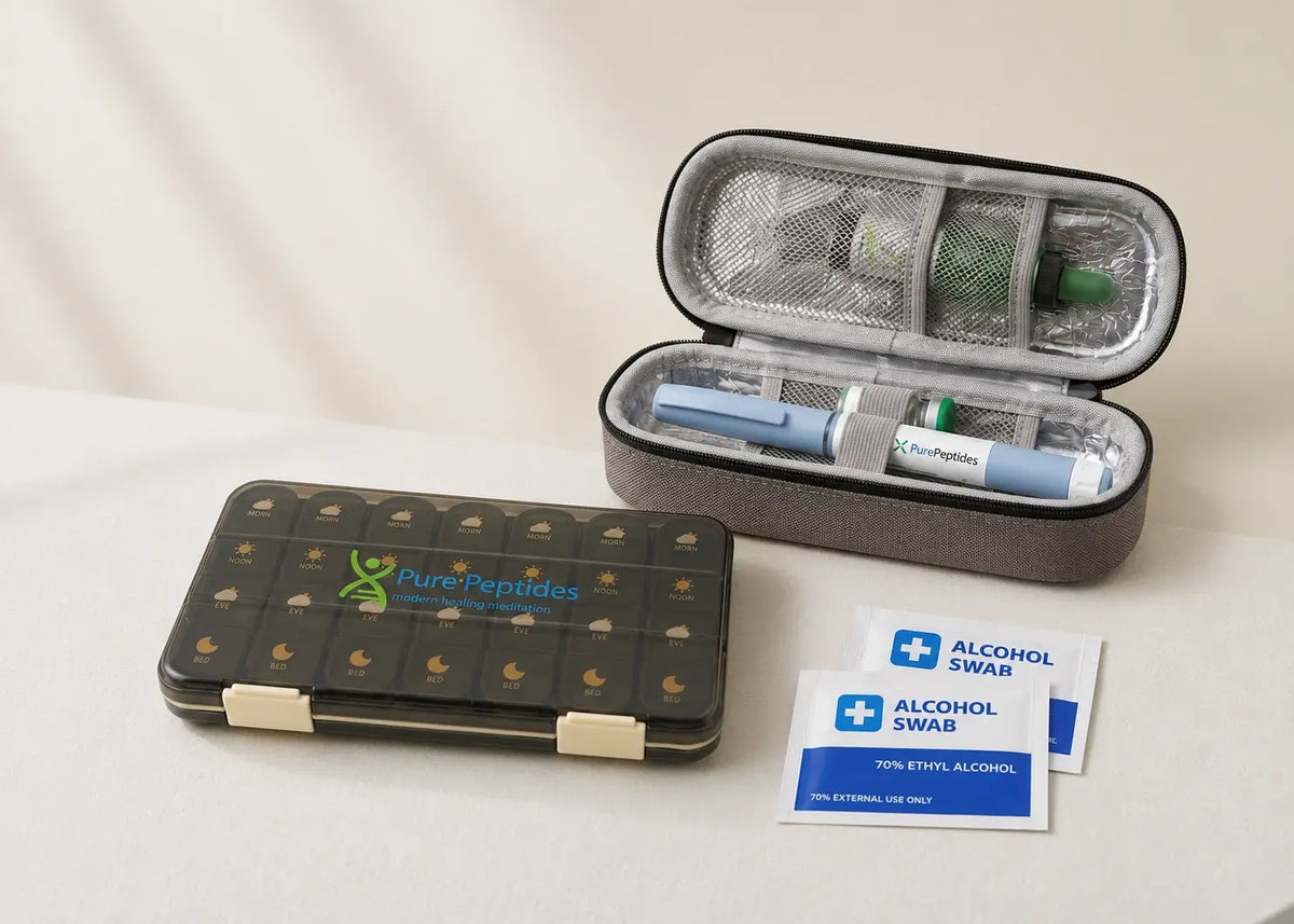 Protective travel cases and storage pouches for peptide preparations.