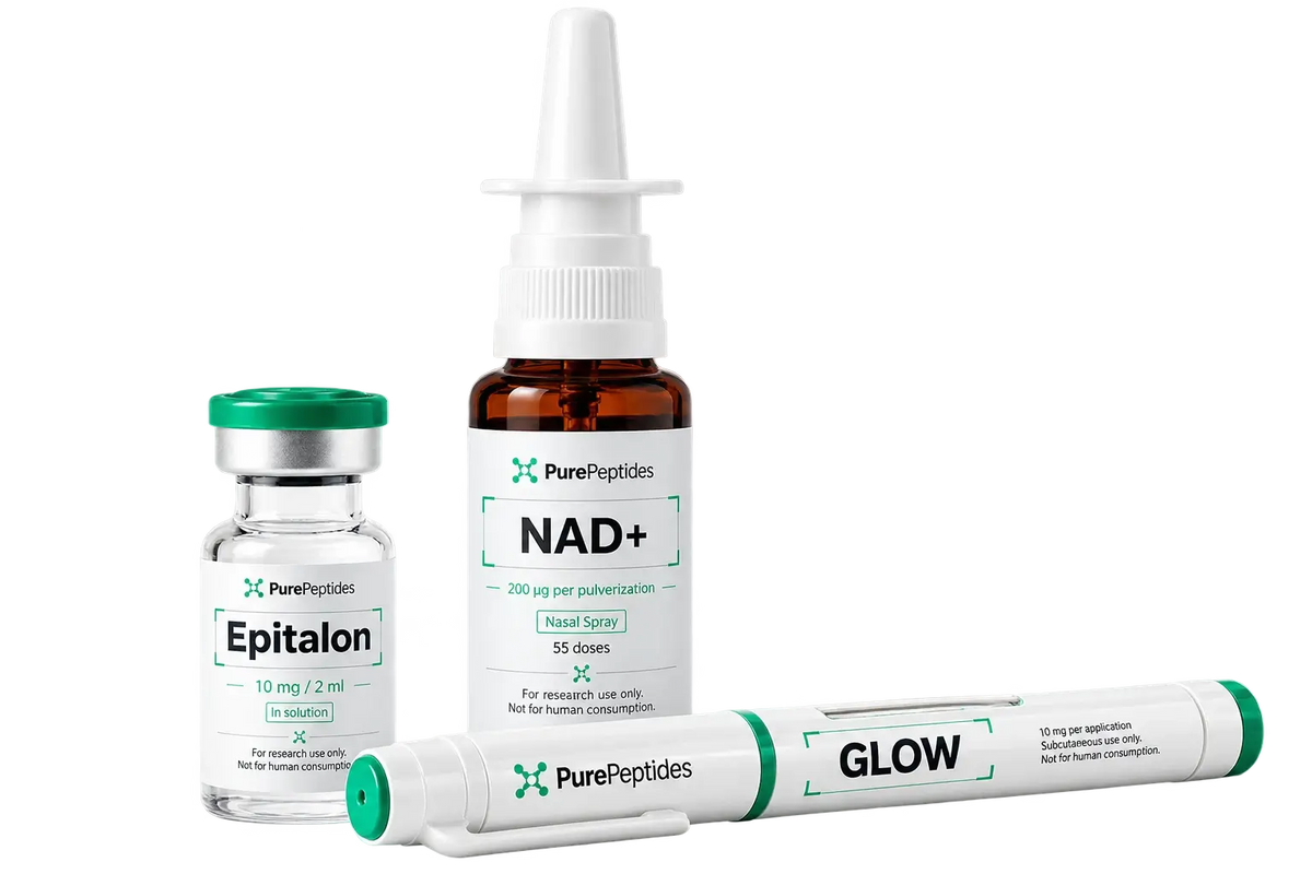 Epitalon vials, NAD+ nasal spray and GLOW pen from Pure Peptides.