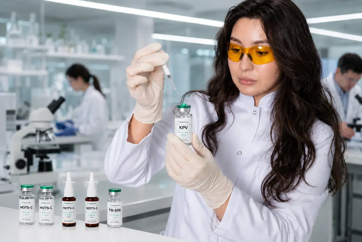 Laboratory scientist examining peptide product quality control.